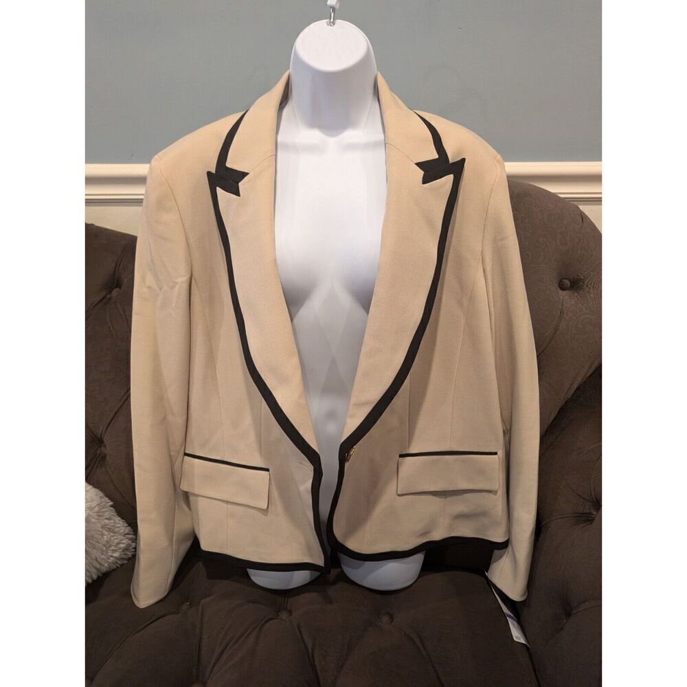 LE SUIT Women Contrast Trim Notch Collar One-Button Blazer Jacket Light Brown 18
